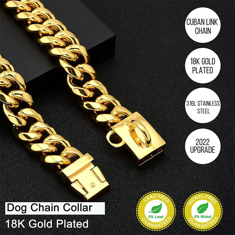 Gold Dog Collar Stainless Steel Cuban Link Chain 14mm Wide 10 to 28in length Metal Pet Necklace for Small Medium Large Dog Collar Product