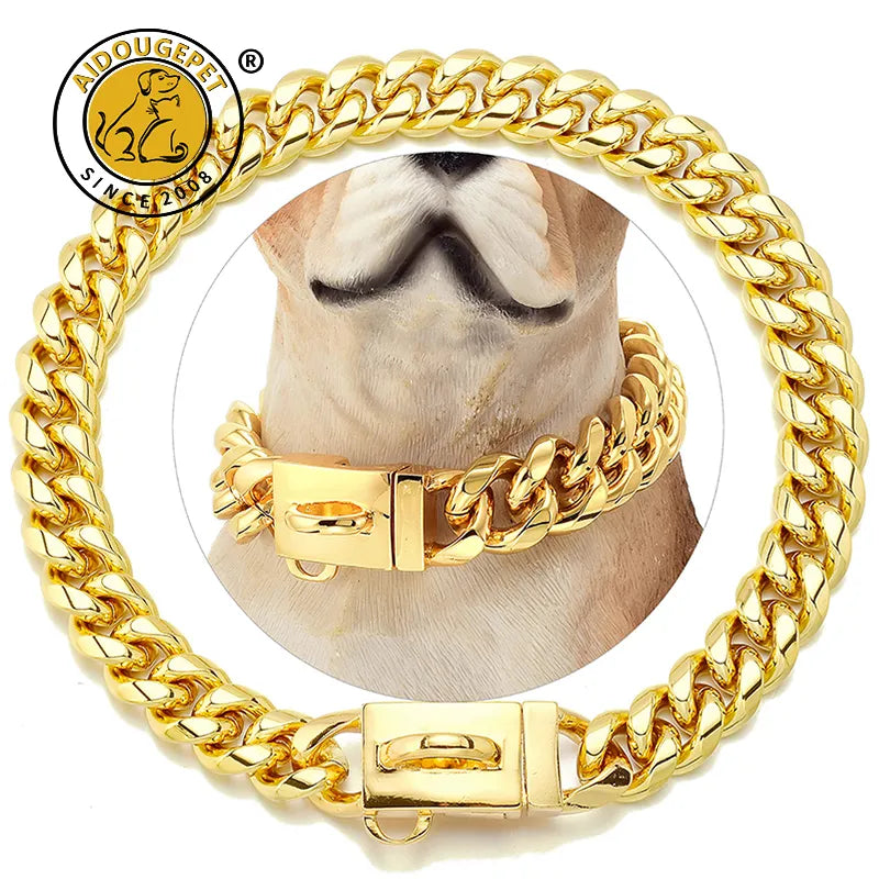 Gold Dog Collar Stainless Steel Cuban Link Chain 14mm Wide 10 to 28in length Metal Pet Necklace for Small Medium Large Dog Collar Product