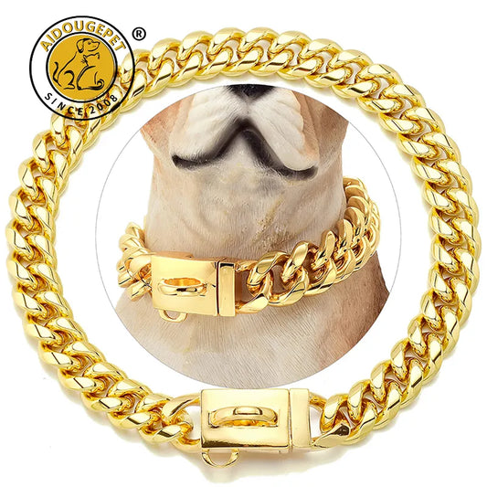 Gold Dog Collar Stainless Steel Cuban Link Chain 14mm Wide 10 to 28in length Metal Pet Necklace for Small Medium Large Dog Collar Product